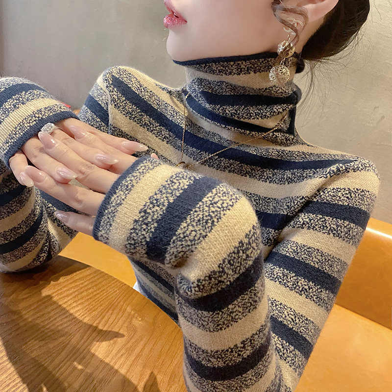 潮牌条纹打底衫女秋冬季爆款高领毛衣洋气百搭时尚针织衫内搭上衣