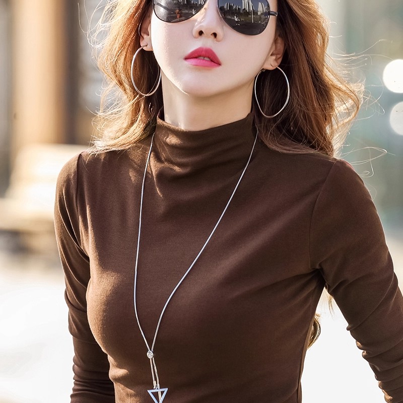 潮牌咖啡色半高领修身打底衫女春秋显瘦内搭长袖t恤时尚洋气上衣