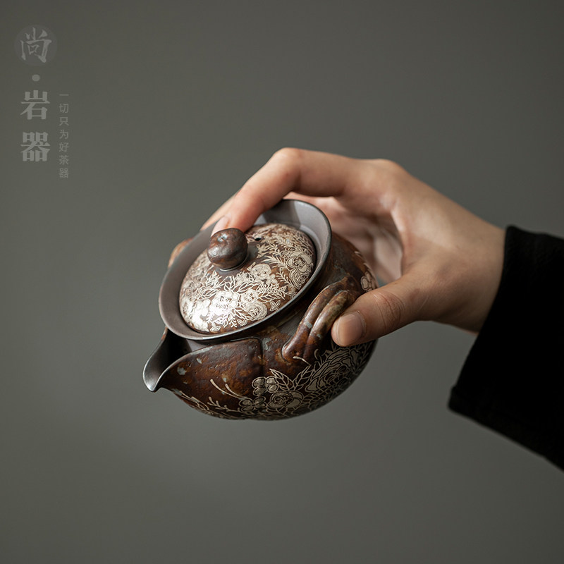 粗陶鎏银繁花手抓壶高档防烫功夫泡茶壶侘寂风家用单壶中式小陶壶