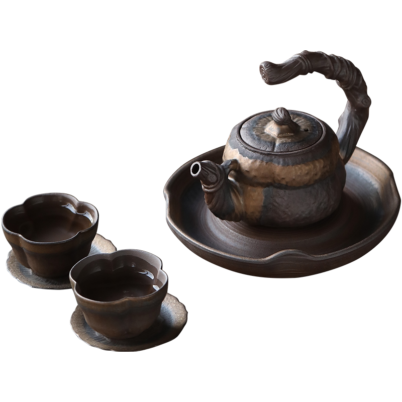 复古粗陶快客杯一壶二杯功夫茶具