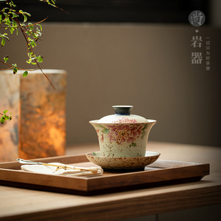 复古窑变三才盖碗大号茶杯创意牡丹三才碗敬茶杯家用陶瓷单泡茶碗