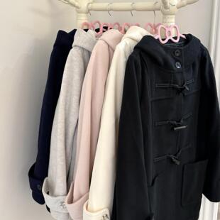 Lulucake原创2024年秋牛角扣三粒扣外套粉色毛呢大衣