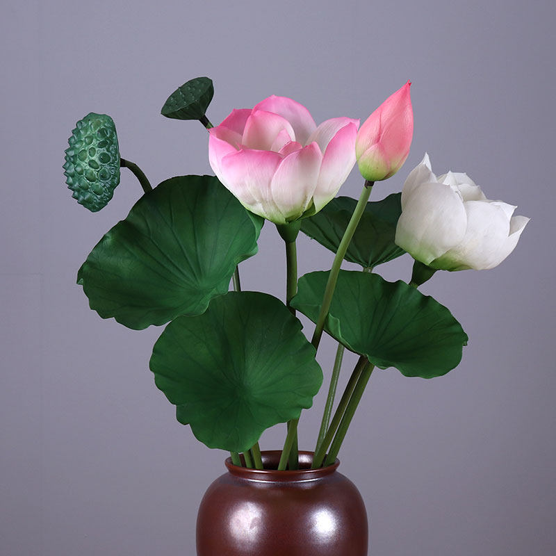 永悦家居仿真pu过胶荷花带杆莲蓬头酒店会所装饰荷叶假花禅意莲花