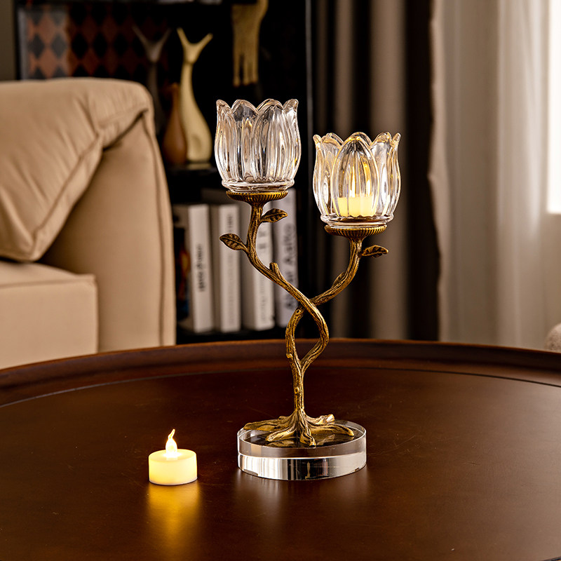 法式浪漫黄铜雕花烛台客厅玄关餐桌高级感氛围香薰双头烛台摆件