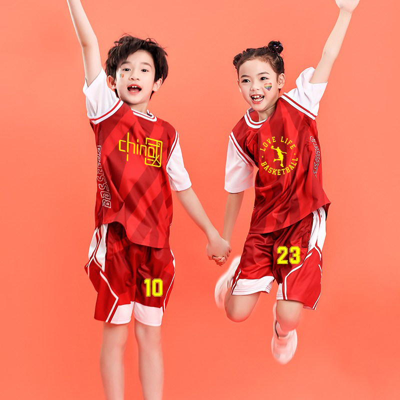 红色短袖儿童篮球服套装男童女童秋冬小学生少儿专业表演训练班服