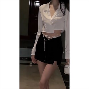 生日纯欲钻链系带长袖短款辣妹白衬衫+高腰气质性感半身裙战袍
