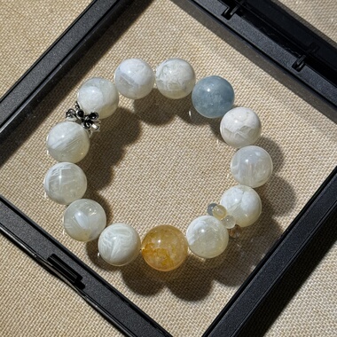 原创黄胶花蓝摩根石海蓝宝奶油黄体雪花幽灵13.6mm彩兔毛【H76]