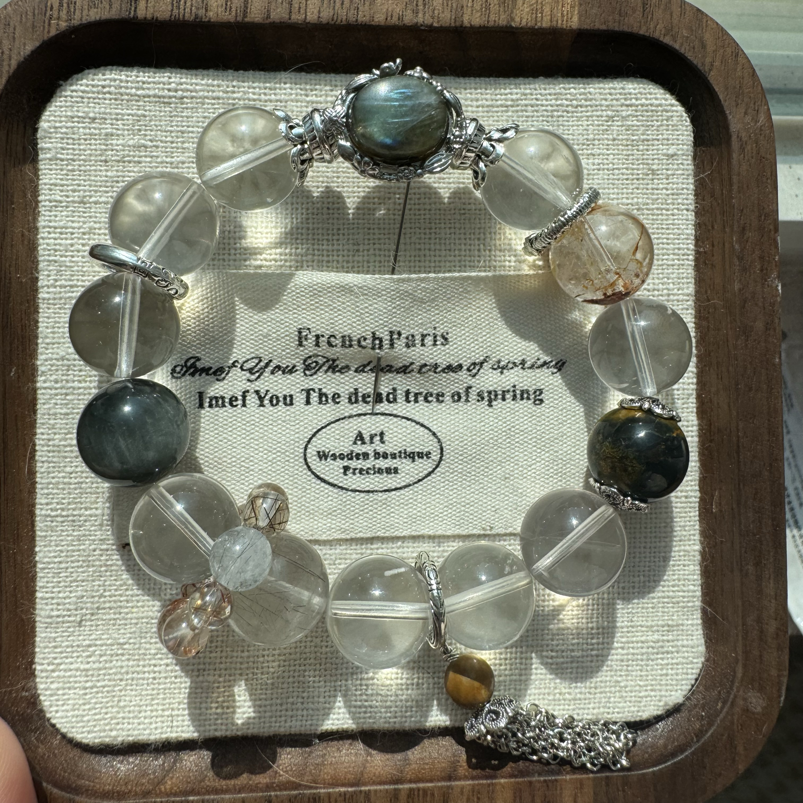 原创拉长月光魔盒六芒星白茶飘雪13mm油画彼得石鹰眼石浅幽灵发晶