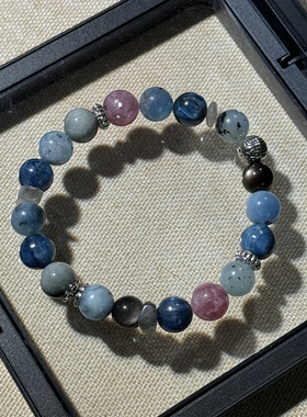 原创毒液海蓝宝粉祖母10mm银耀石灰月光鹰眼石蓝晶石【H61】