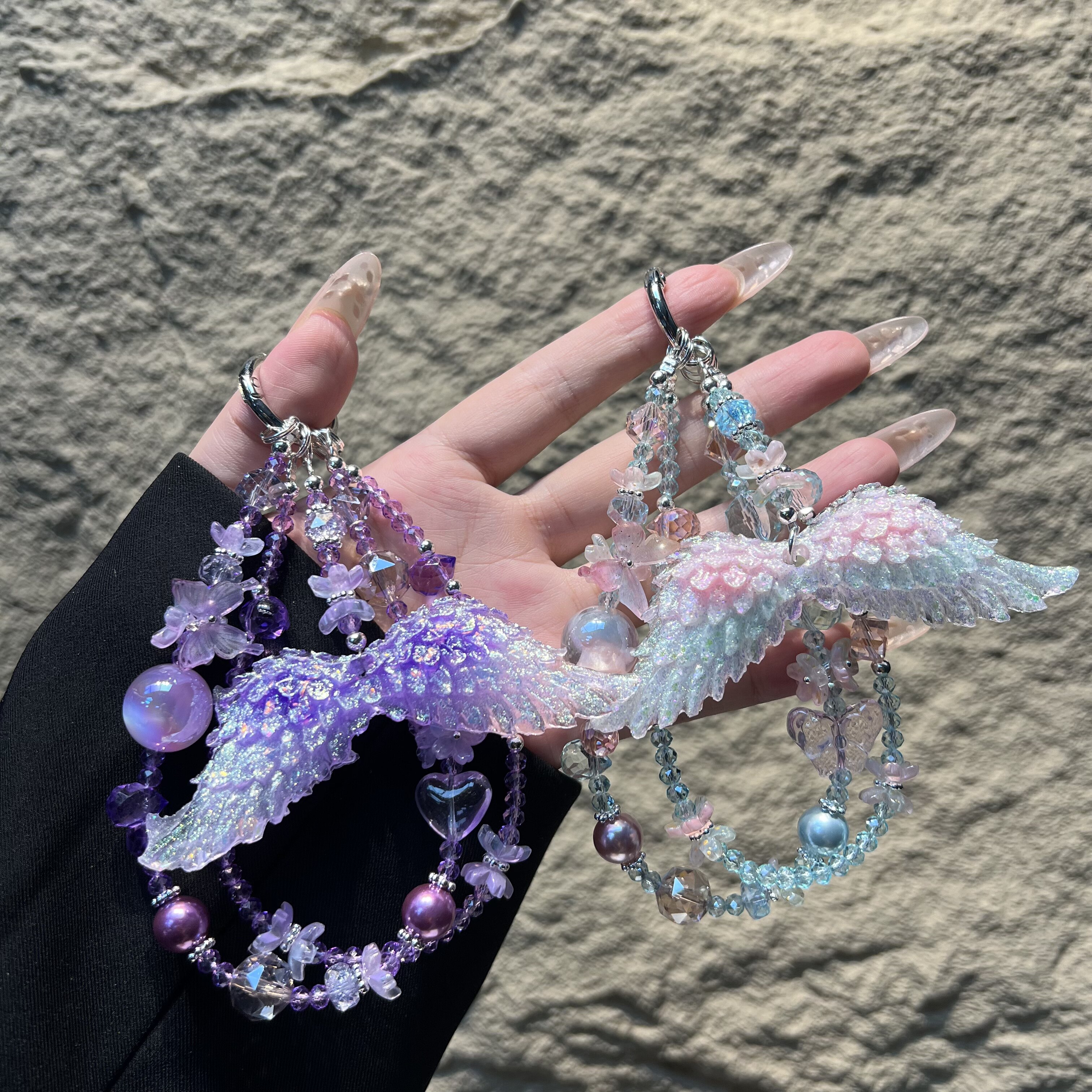 原装重工幻彩闪粉天使翅膀手机挂件女轻奢水晶珍珠串珠钥匙扣挂饰ins仙气羽翼车内吊饰网红高级感手腕包包链