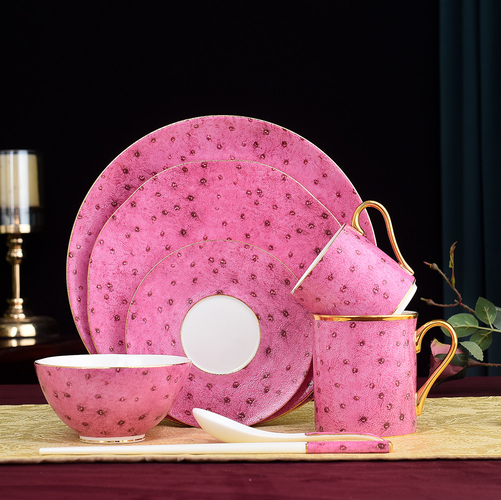 欧式骨瓷餐具碗盘碟马克杯礼品套装结婚礼物粉红色豹纹早餐中厨具