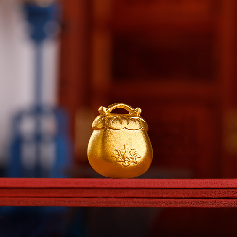 故宫净心福袋 故宫文创首饰999足金吊坠 素雅如意莲花钱袋锦囊
