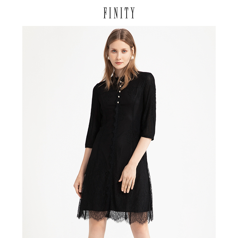 FINITY大牌秋季蕾丝花边连衣裙女复古圆领百搭中长款裙子女