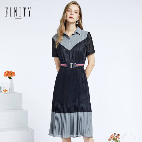 FINITY菲妮迪雪纺裙夏装时尚气质轻熟女神范撞色拼接百褶连衣裙