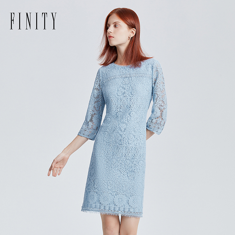FINITY2024年夏装法式蕾丝连衣裙女提花中长款修身中袖裙子女