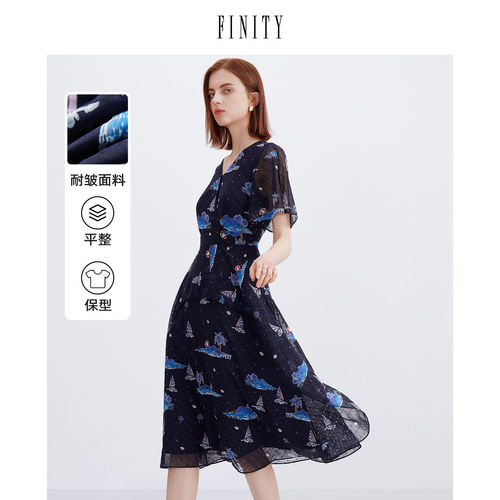 FINITY菲妮迪藏青色连衣裙夏季高端设计感气质印花减龄裙子女