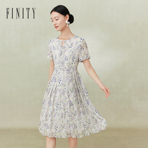 FINITY菲妮迪品牌连衣裙2024夏季简约雪纺印花温柔收腰碎花裙子女