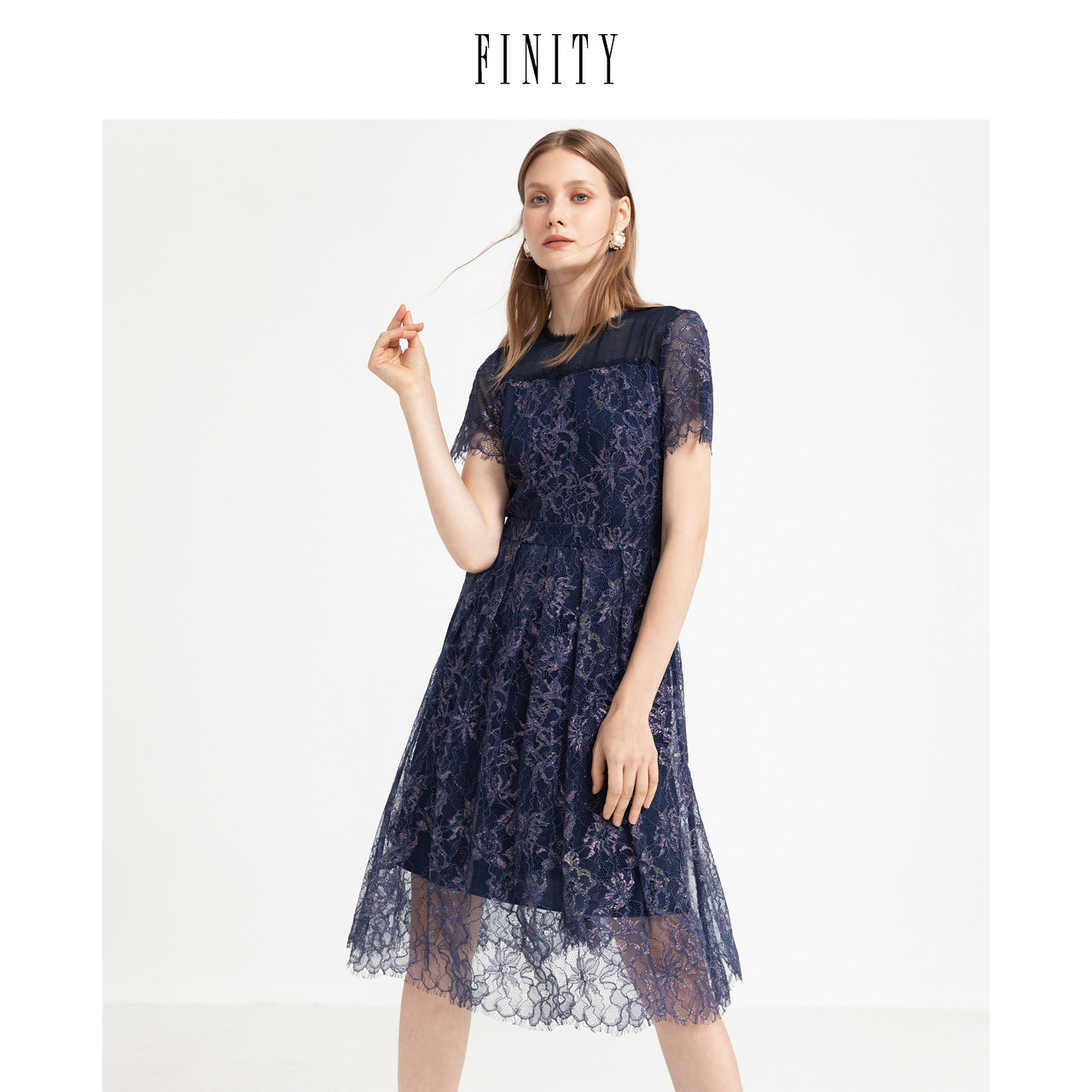 FINITY菲妮迪夏装蕾丝短袖连衣裙优雅气质显瘦中长款仙女裙