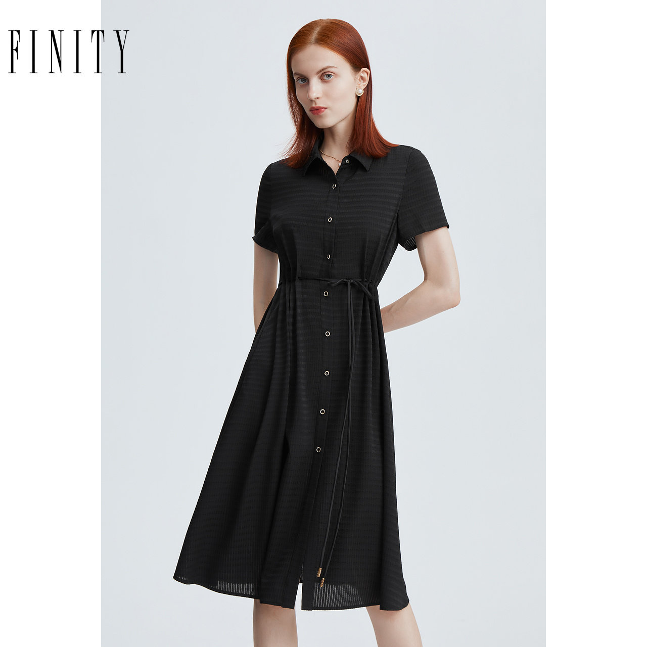 FINITY菲妮迪品牌衬衫领连衣裙夏季 简约时尚小黑裙短袖A字裙