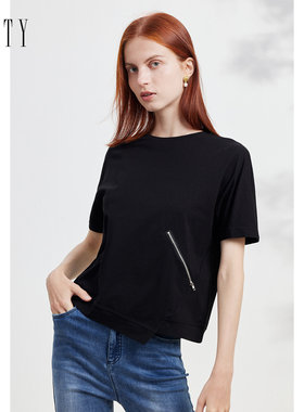 FINITY菲妮迪品牌女装宽松T恤夏季气质黑色圆领套头短袖上衣