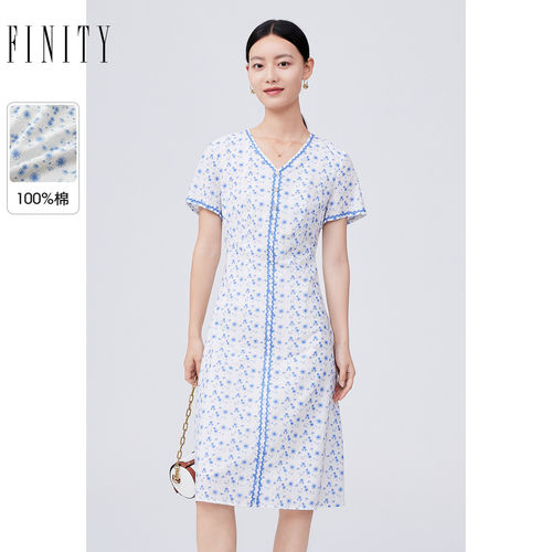 FINITY菲妮迪品牌连衣裙简约V领气质纯棉印花短袖A字裙