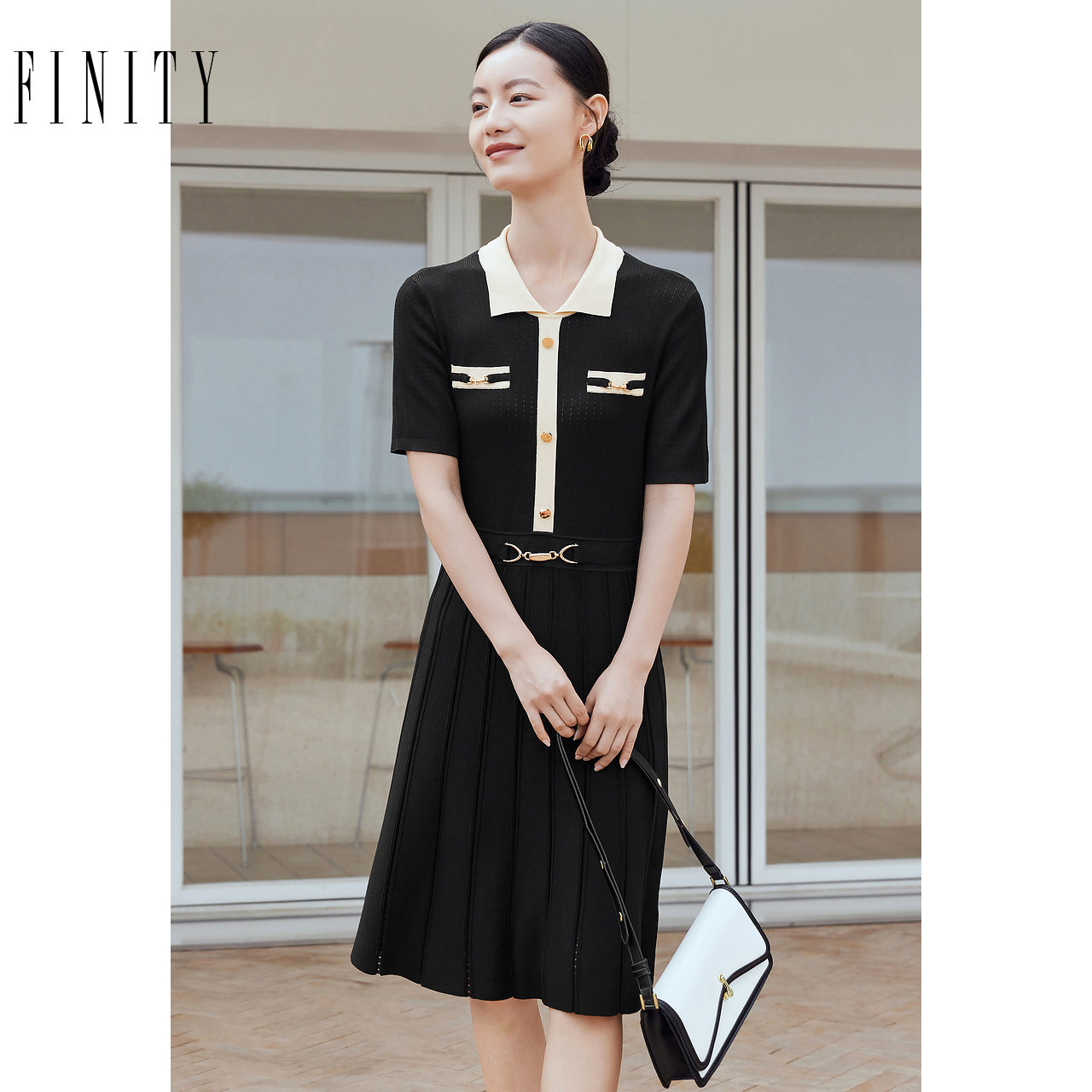 FINITY菲妮迪针织连衣裙夏季小香风时尚设计感衬衫领短袖裙子女