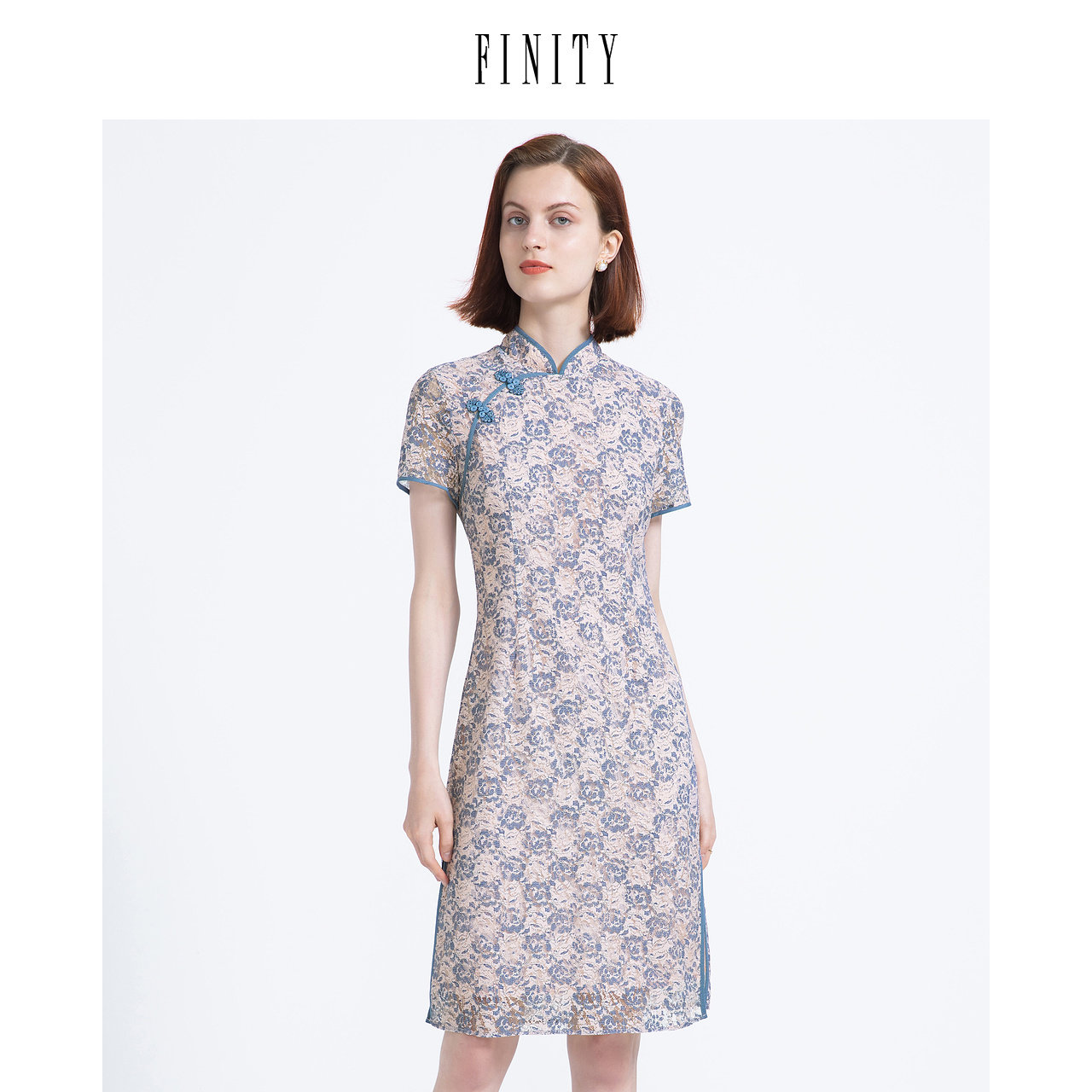 FINITY菲妮迪夏装中式印花温柔旗袍女休闲复古中长款连衣裙女