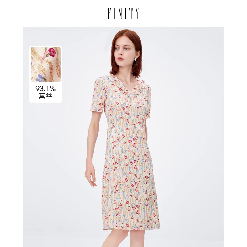 【真丝连衣裙】FINITY菲妮迪桑蚕丝米底印花休闲减龄短袖裙子女