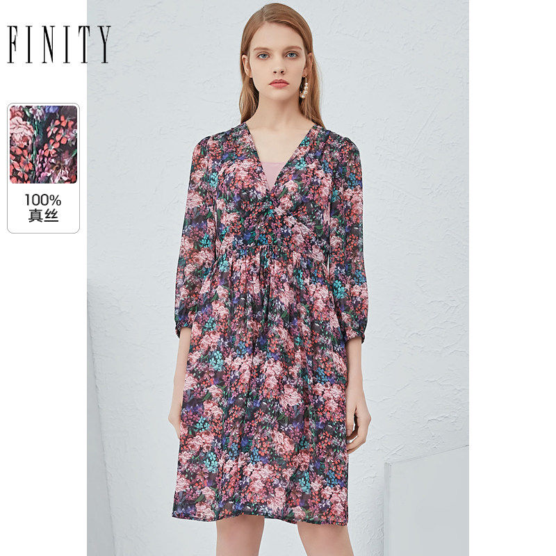 【100%桑蚕丝】FINITY菲妮迪连衣裙秋真丝复古印花中长款裙子女