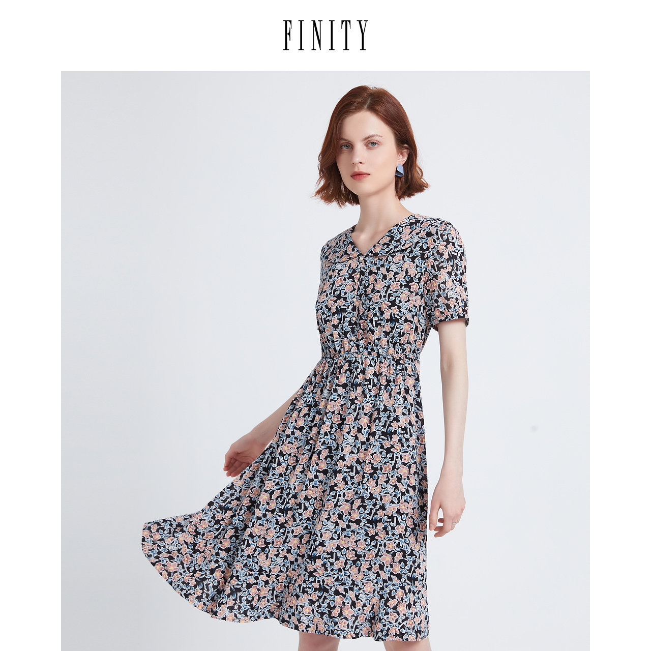 FINITY菲妮迪夏装气质印花连衣裙女显瘦休闲设计感中长款裙子