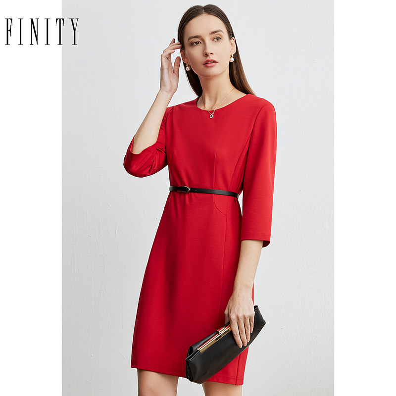 菲妮迪针织连衣裙2024夏季红色简约气质收腰显瘦中长款裙子女