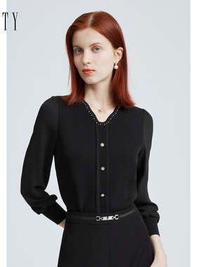 菲妮迪女装针织衫2024年秋季黑色V领简约时尚气质套头上衣女