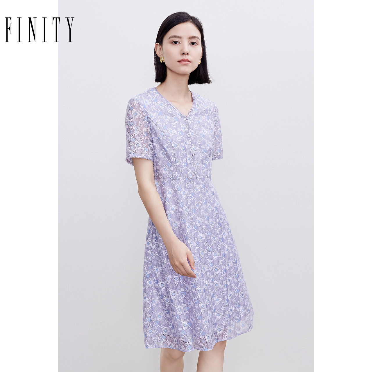 FINITY菲妮迪品牌连衣裙夏季简约时尚印花V领高腰短袖A字裙女
