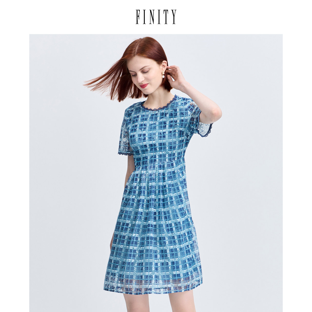 FINITY菲妮迪大牌夏装法式蕾丝连衣裙女格子中长款