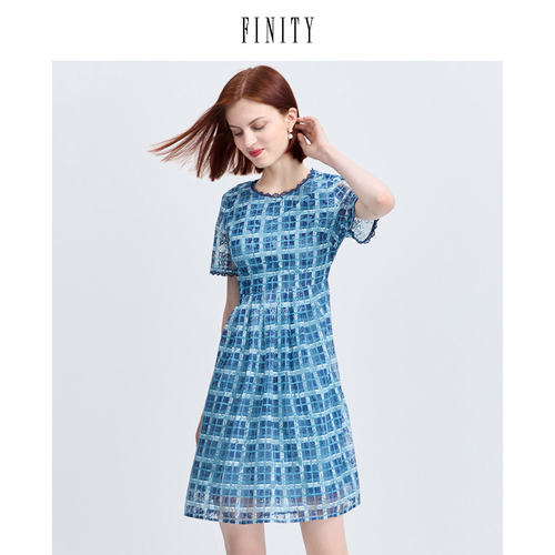 FINITY菲妮迪大牌夏装法式蕾丝连衣裙女格子中长款