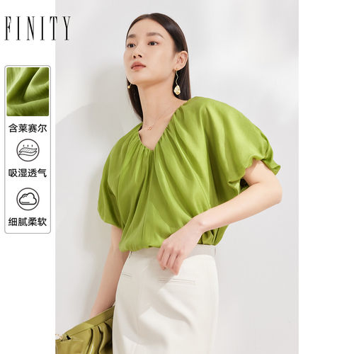 FINITY菲妮迪品牌雪纺衫夏季简约V领设计感褶皱薄款短袖上衣
