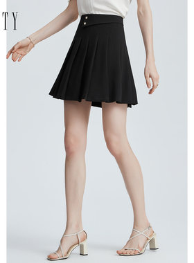 FINITY菲妮迪品牌半身裙夏季 简约气质百褶黑色休闲短款A字裙字