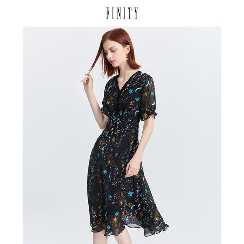 FINITY菲妮迪夏装高端洋气印花连衣裙女宽松淑女中长款裙子女
