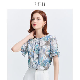 FINITY菲妮迪夏裝 圓領(lǐng)氣質(zhì)減齡百搭套頭上衣 女短袖 印花雪紡衫