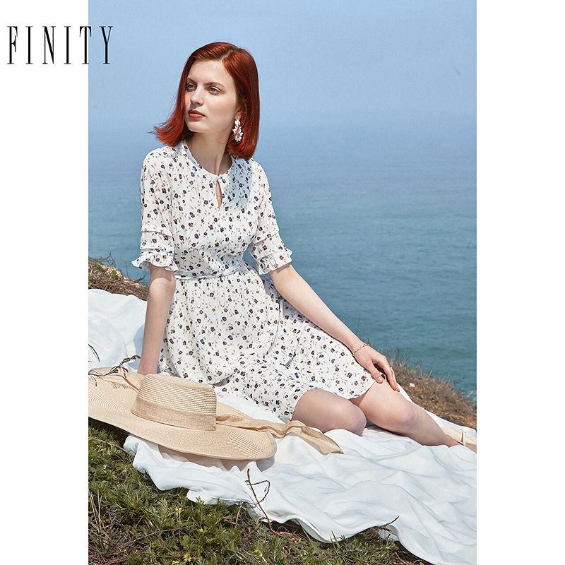 FINITY菲妮迪夏季连衣裙女印花宽松短袖连衣裙仙女裙设计感