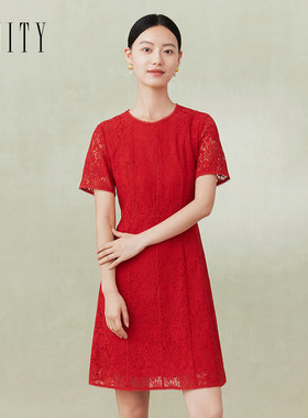 FINITY菲妮迪品牌连衣裙2024春夏简约红色镂空设计感花边圆领裙子