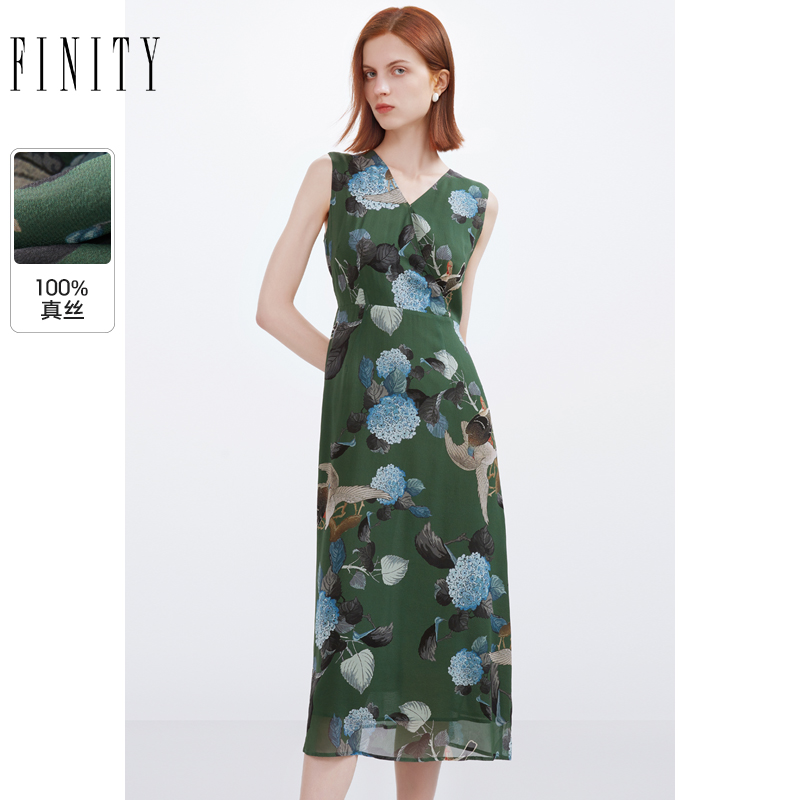 【100%桑蚕丝】菲妮迪连衣裙2024年夏季印花V领A字裙子女