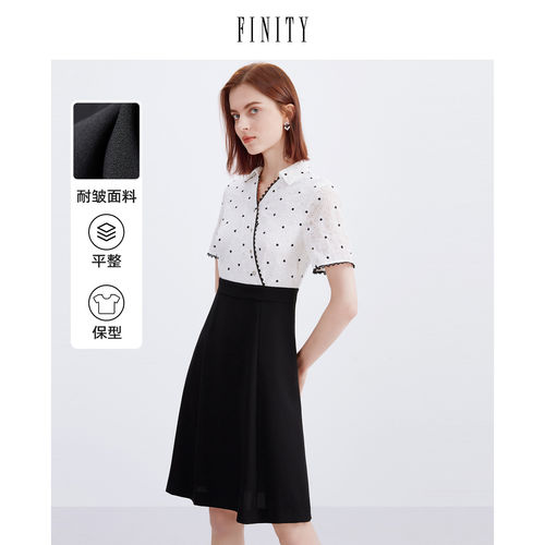 FINITY菲妮迪连衣裙夏季雪纺别致绣花假两件拼接中长款裙子女