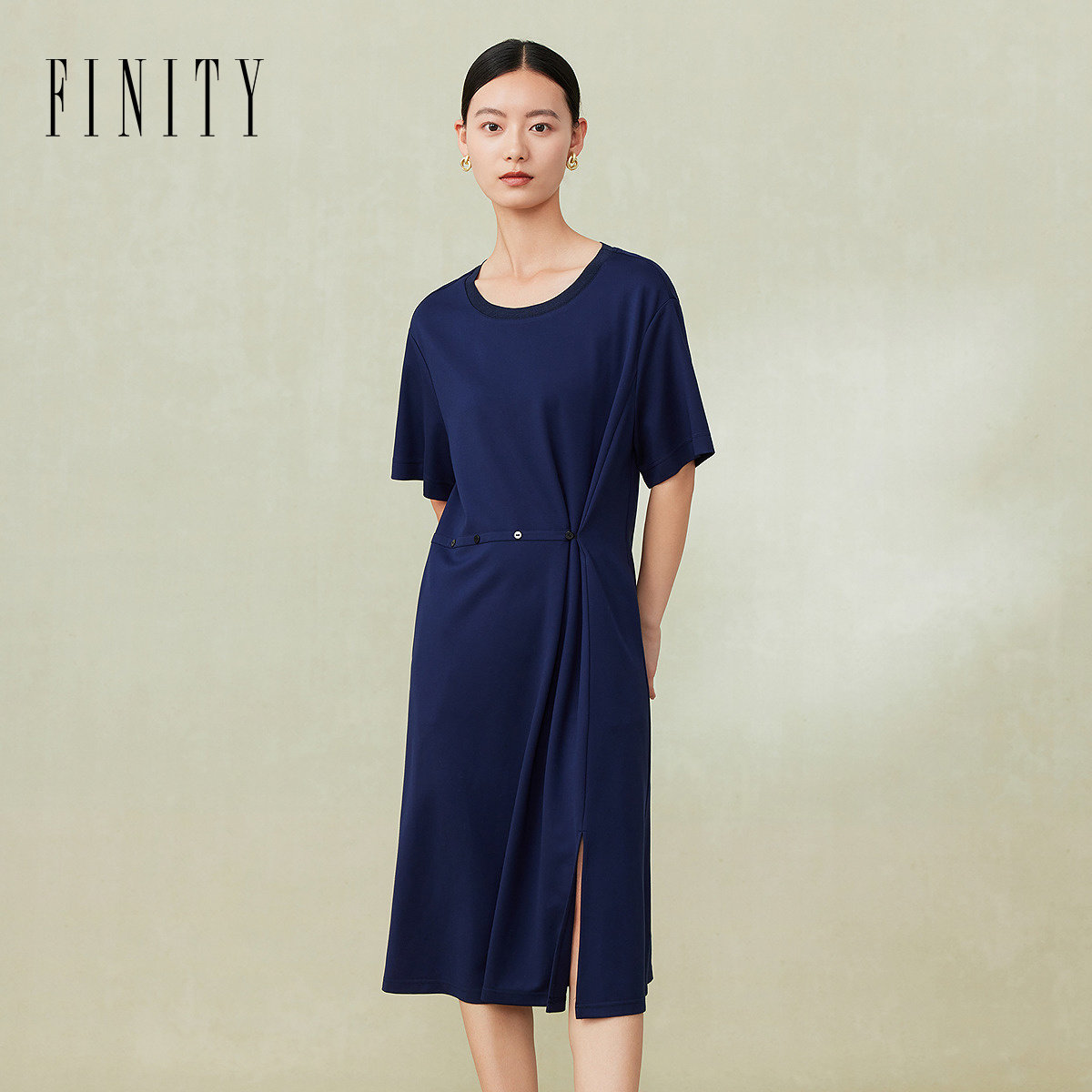 FINITY菲妮迪品牌连衣裙2024夏季简约优雅圆领收腰短袖针织裙子女