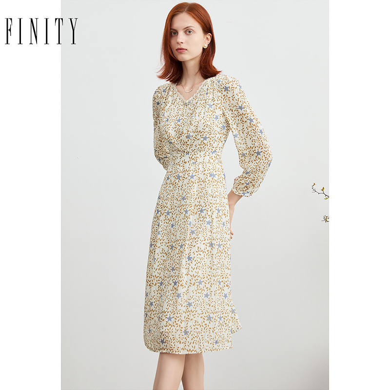 FINITY2024年秋季气质印花连衣裙设计感长袖休闲中长款裙子女