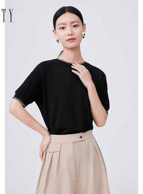 FINITY菲妮迪品牌针织衫夏季简约气质黑色时尚圆领短袖上衣女