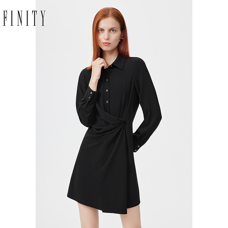 菲妮迪品牌连衣裙2024秋季简约黑色不规则设计感休闲A字裙子