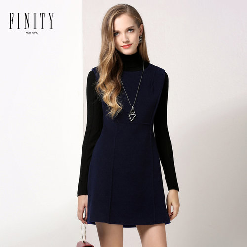 特FINITY女装冬装新款时尚修身无袖A字裙 大码高腰羊毛连衣裙
