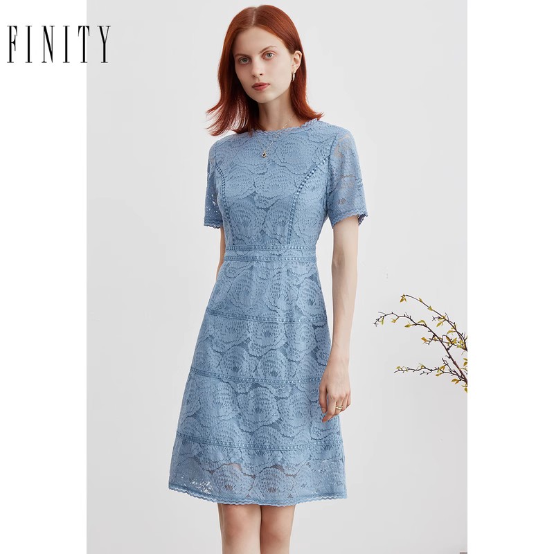 FINITY菲妮迪蓝色蕾丝连衣裙镂空钩花大牌减龄气质中长裙