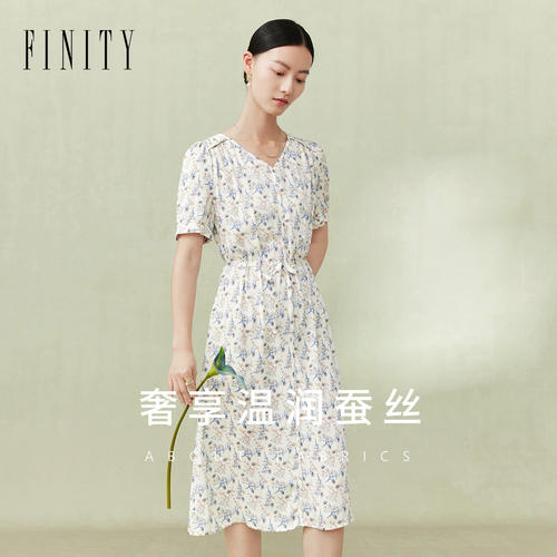 【真丝连衣裙】FINITY菲妮迪2024夏V领印花百搭别致显瘦减龄裙子